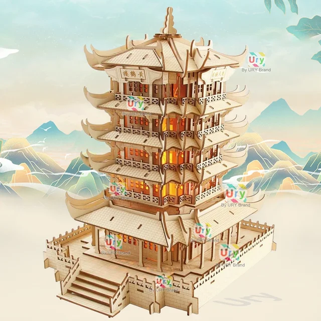 Ury 3D Wooden House Chinese Traditional Puzzle with Light Building DIY Model Game Assembly Desktop Toy Gift for Children Adult 5