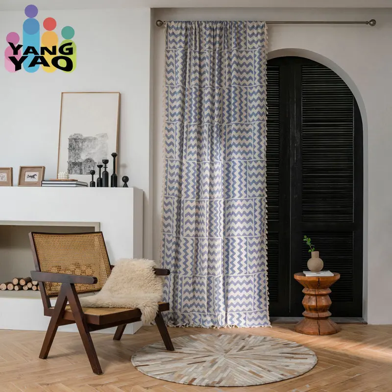 

Blue Curve Print Semi-Blackout Window Curtains Boho Farmhouse Style Cotton Linen Darkening Curtains with Tassels Rod Pocket 1Pcs