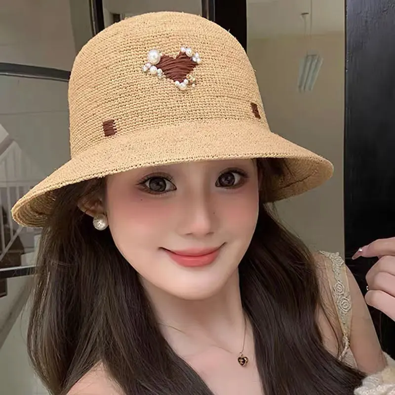 

New Female Natural Raffia Grass Boater Fresh Classical Brand Straw Woven Fisherman Hat Summer Outing Sunscreen Raffia Bucket Hat