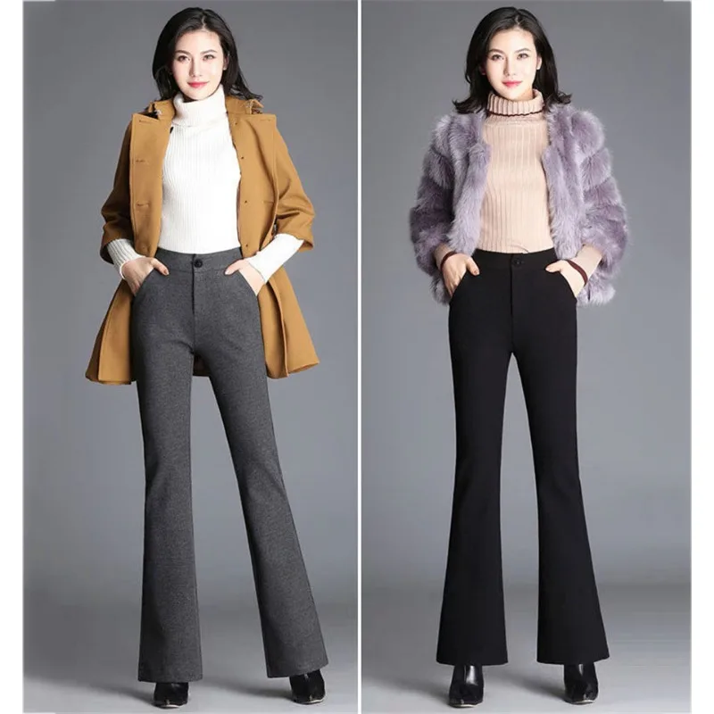 Casual High Waist Solid Gray Slim Woolen Flared Pants Korean Style Classic Pants Female Formal Chic Big Size 4XL Flare Trousers