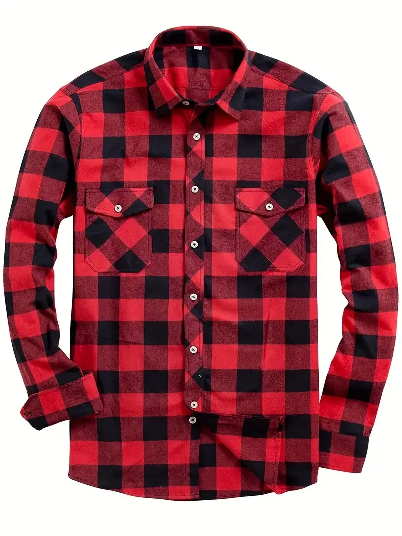 New Plaid Flannel Shirt for Men Long Sleeve Casual Shirts Spring Autumn Button -up 2-Pocket Colthing Tops Classic Men's Shirts