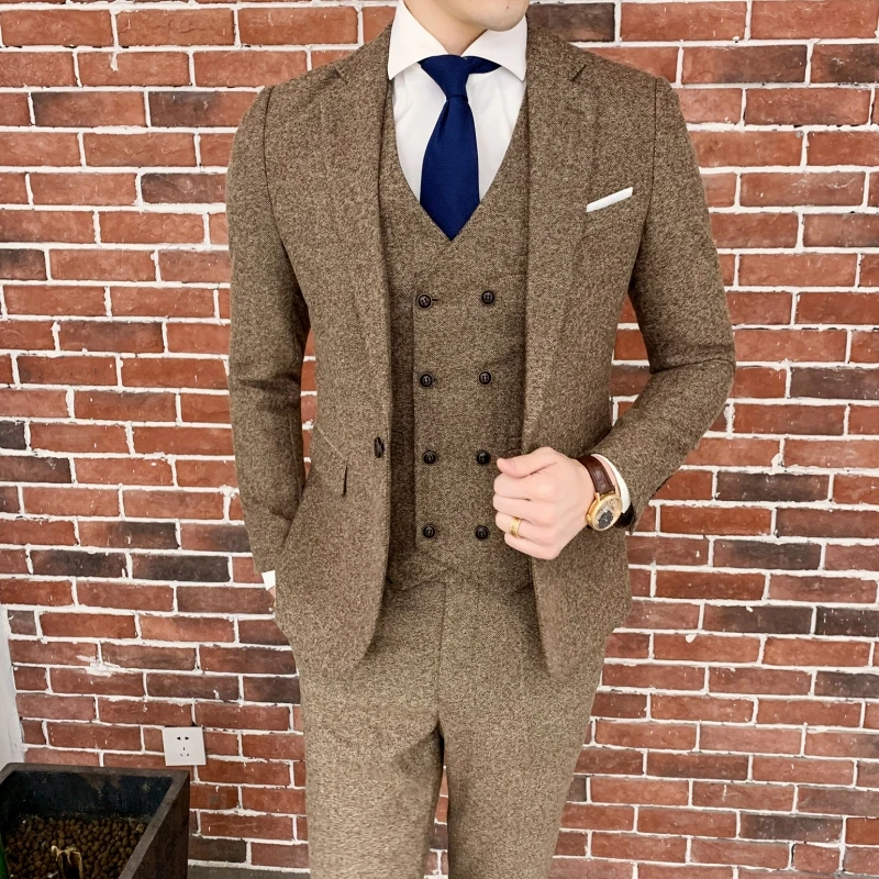 Men Slim Fashion Banquet Groom Single Button Suit Vest Trousers Business Handsome Leisure Three-piece Set