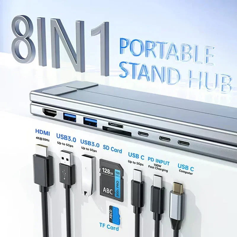 차세대 8-in-1 USB-C 노트북 거치대(도킹 포트 포함), 표준 USB C 도크, 접이식 태블릿 스탠드, 타입-C 즉시 연결 어댑터