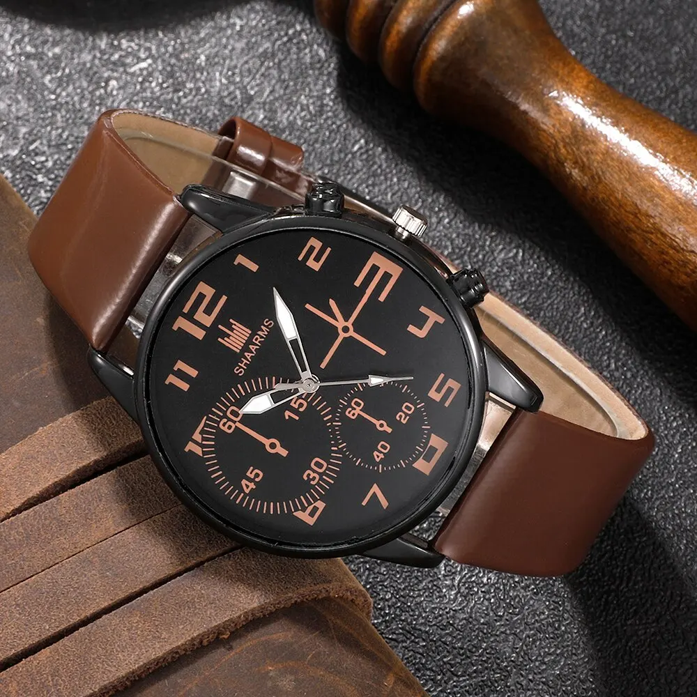 5PCS Set Fashion Mens Sports Bracelet Watches For Men Retro Big Dial Quartz Wrist Watch Classic Male Casual Brown Leather Watch - Image 4