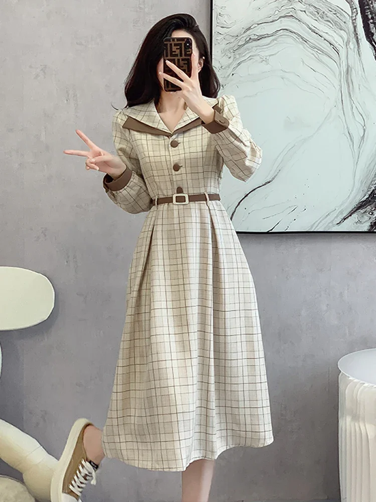 Autunno Donna Elegante Colletto Peter Pan Donna Plaid A Line Dress Donna Manica Lunga Vintage Casual Dress Vestidos Z21