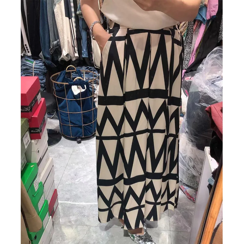 Fashion Wave Pattern Print A-Line Skirt Women Casual Boho Beach High Waist Loose Hem Skirts Ladies Commuting Elegant Long Skirt