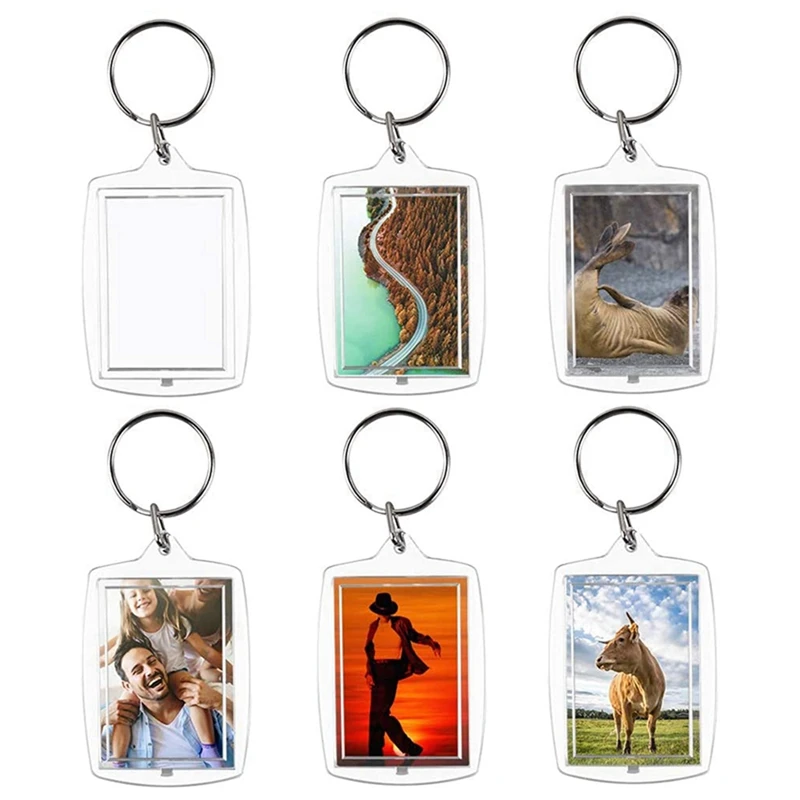 

200Pcs Photo Keychain Rectangle Transparent Blank Acrylic Insert Photo Picture Frame Keyring Key Holder DIY Split Ring