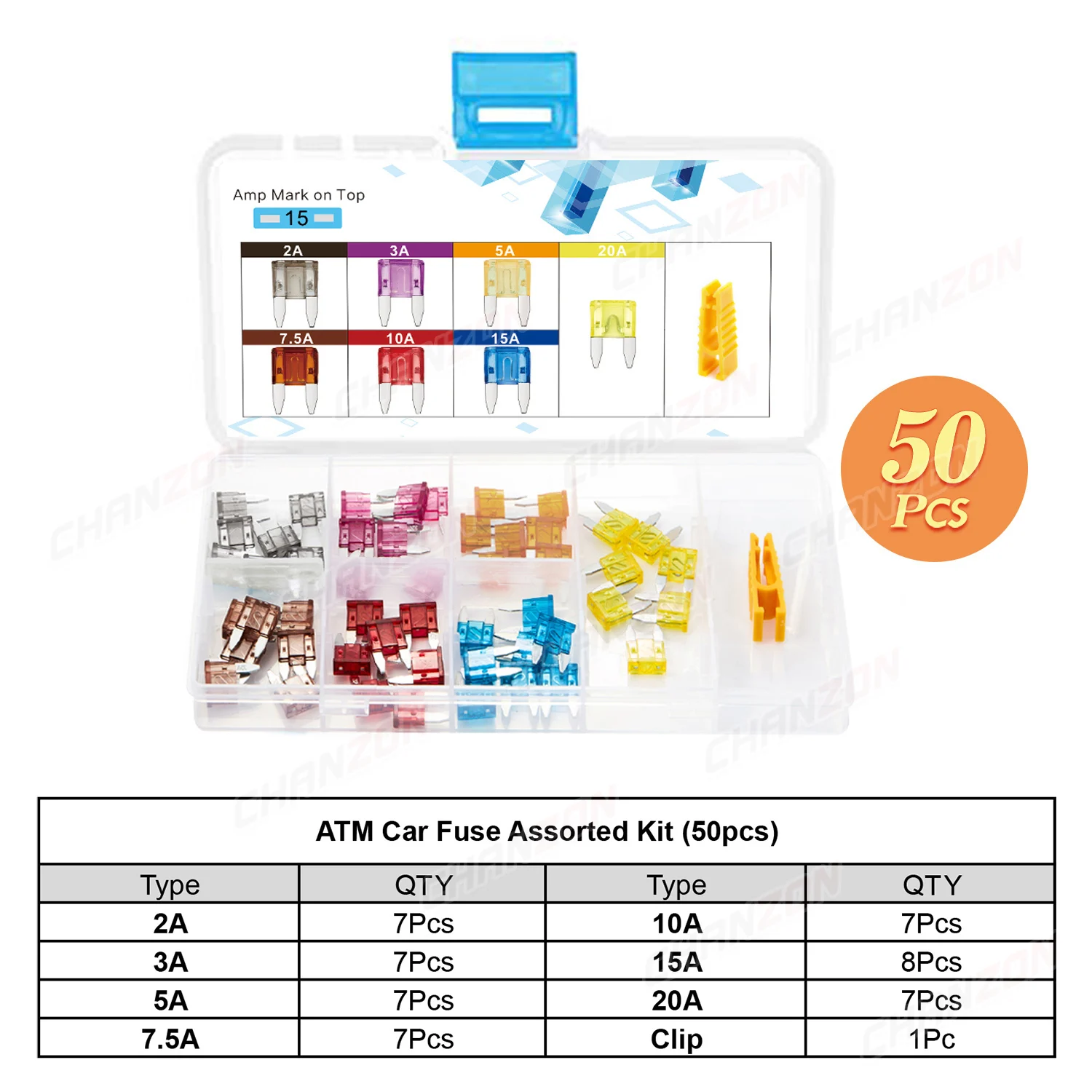 50 stücke Auto Sicherung Set Kleine ATM Auto Klinge 2A 3A 5A 7,5 EINE 10A 15A 20A Flink Motorrad automotive Elektrische Motor Assorted Kit – Detail 2