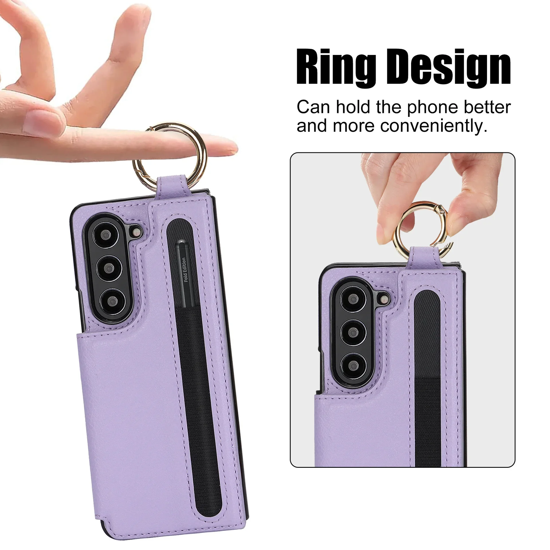 PU Leather Ring Phone Case for Samsung Galaxy Z Fold 7 6 5 4 3 Fold7 Fold6 Fold5 5G Wallet with Pen Holder & Card Slot (No Pen) | Gaffar India