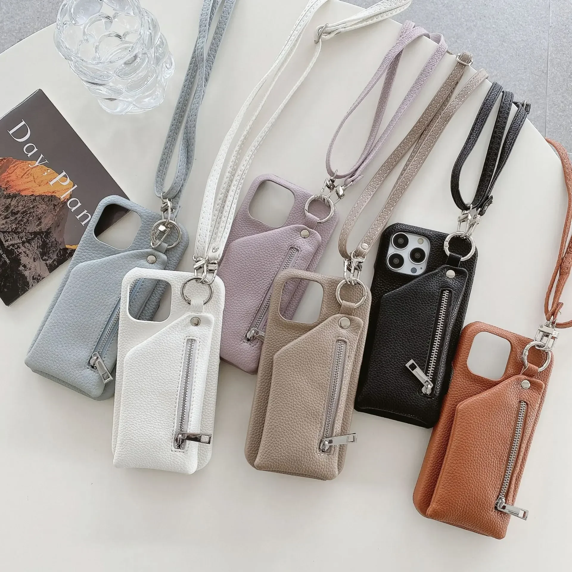 Zipper Wallet Crossbody Lanyard Phone Case with Card Pocket and Coin Purse in Leather