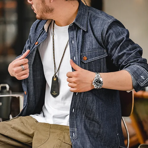 Maden 남성 청바지 인디고 씻어 솔리드 워크 셔츠 Selvedge 청바지 셔츠 데님 셔츠 긴 소매 셔츠 자켓 빈티지 탑 의류 4