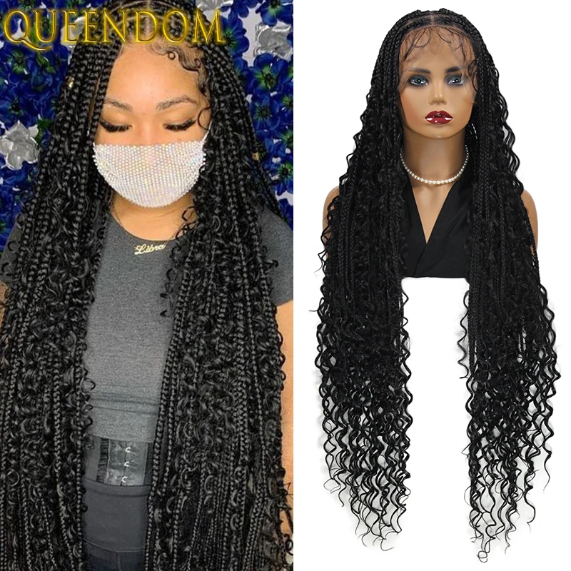 

36 Inch Bohemia Goddess Cornrow Braiding Wig Full Lace Knotless Box Braided Wig For Balck Women Synthetic Square Part Braid Wigs