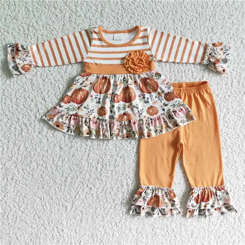 

New Arrivals Fall Fashion Girls Girls Autumn Pumpkin Flower Long Sleeve Pants Baby Girls Fall Wholesale Boutique Children Outfit