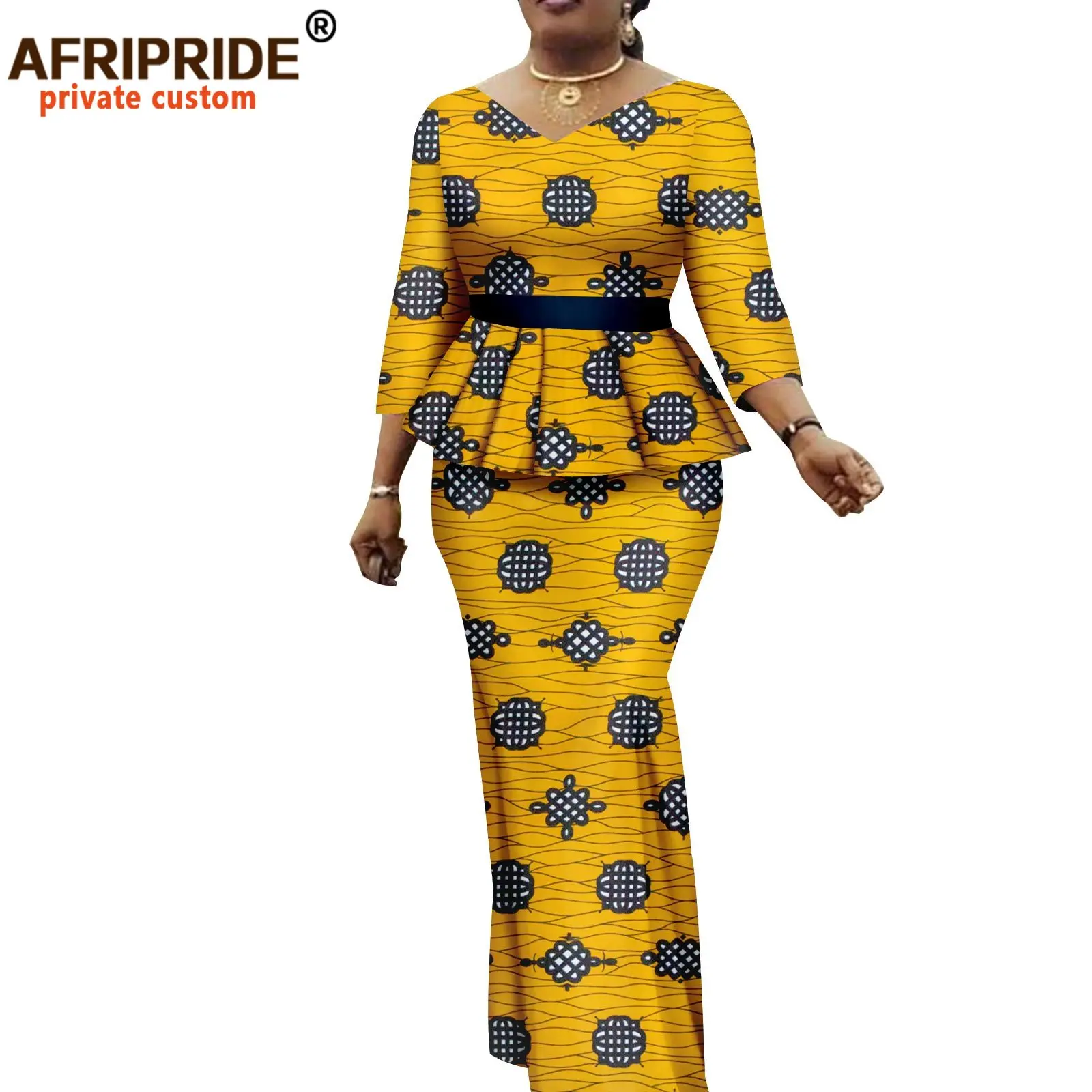 African Clothes for Women Crop Tops and Maxi Skirts 2 Piece Set Vintage Traditional Outfits Ankara Attire with Belt A2226010