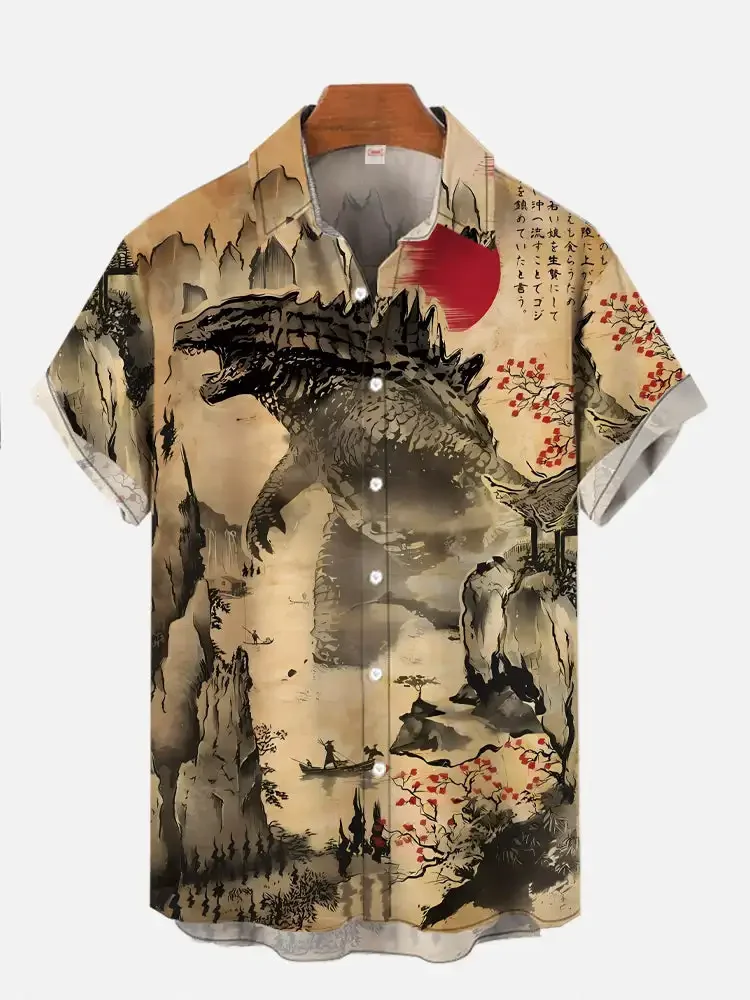 Ancient ink ukiyo-e monster personalized printing short sleeved shirt for men summer lapel shirt street hip-hop