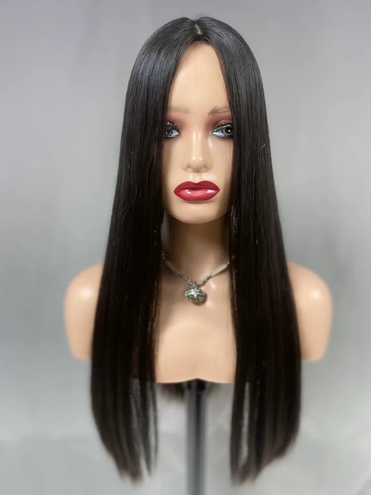 gorgeous beautiful black long hair silk top wig central parting full density for thinning hair virgin human kosher wigs