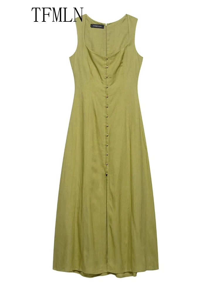 TFMLN Elegant Women Solid Long Dresses 2025 Summer Square Collar Single Breasted Causal Dress Fashion Slim A-line Dresses