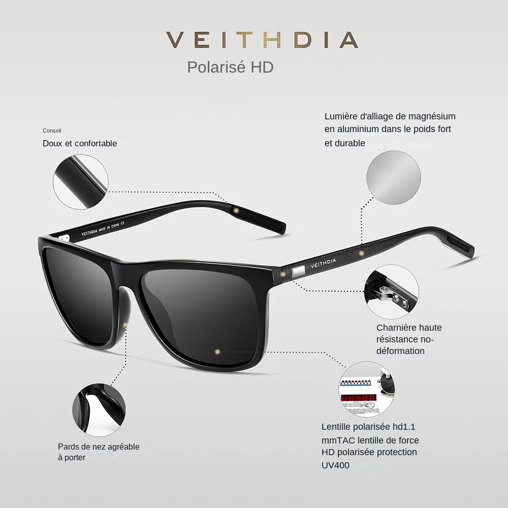 Lunettes vintage aluminium TR90 polarisées unisexe pêche rétro marque VEITHDIA 6108