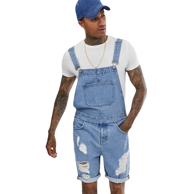 Men's Overalls Retro Jeans Ripped One-piece Bib Pants Spring Summer Solid Color Shorts Jeans Pantalon Homme