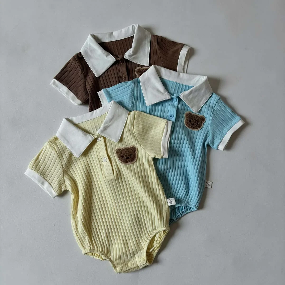 Baby Summer Thin Bear Bodysuit Boys Korean Style Collar Pit Stripe Cotton Romper Crawling Suit Children New Model Cotton Materia