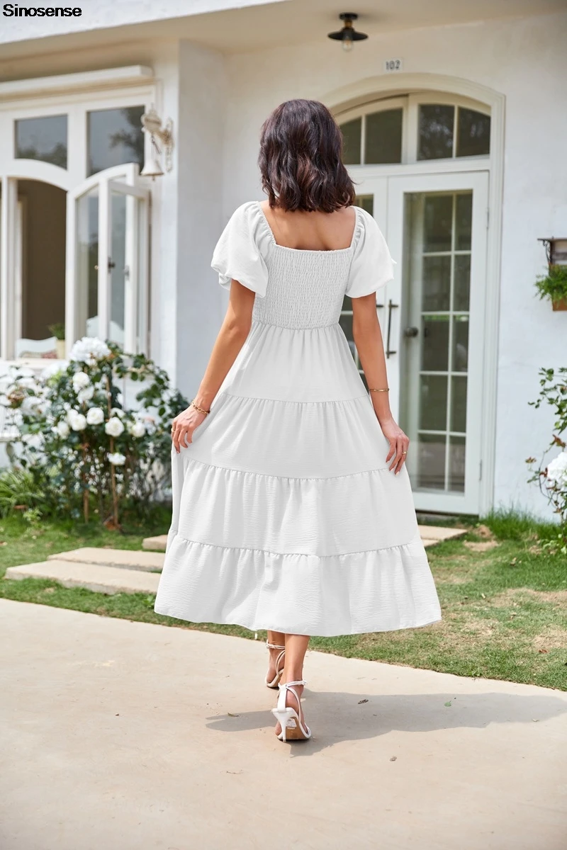 Womens Puffy Short Sleeve Square Neck Smocked Tiered Maxi