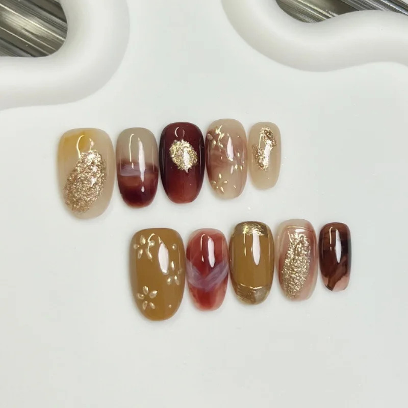 10PCS Light Luxury Amber Brown Gradient Short Oval Handmade Press on Nails Golden Patterns French False Nail Detachable Ins Nail 2 10PCS Light Luxury Amber Brown Gradient Short Oval Handmade Press on Nails Golden Patterns French False Nail Detachable Ins Nail - Image 2