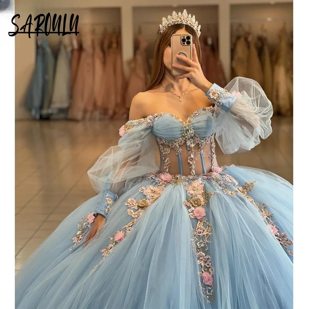 하늘색 성인식 원피스 파티 아플리케 비즈 볼 가운, 신부 로브, 연인 목 신부 드레스 