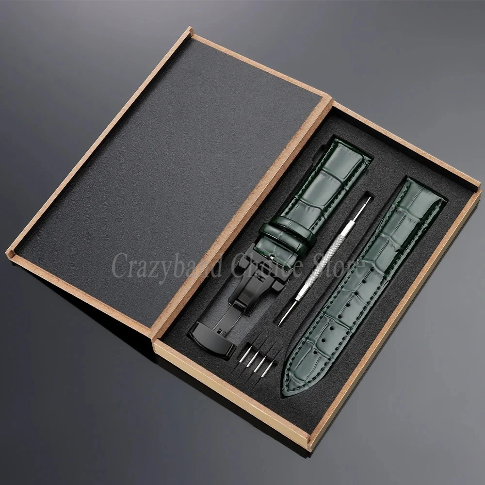 Elegant Leather Watch Strap with Metal Butterfly Clasp and Wooden Box (14mm-22mm)