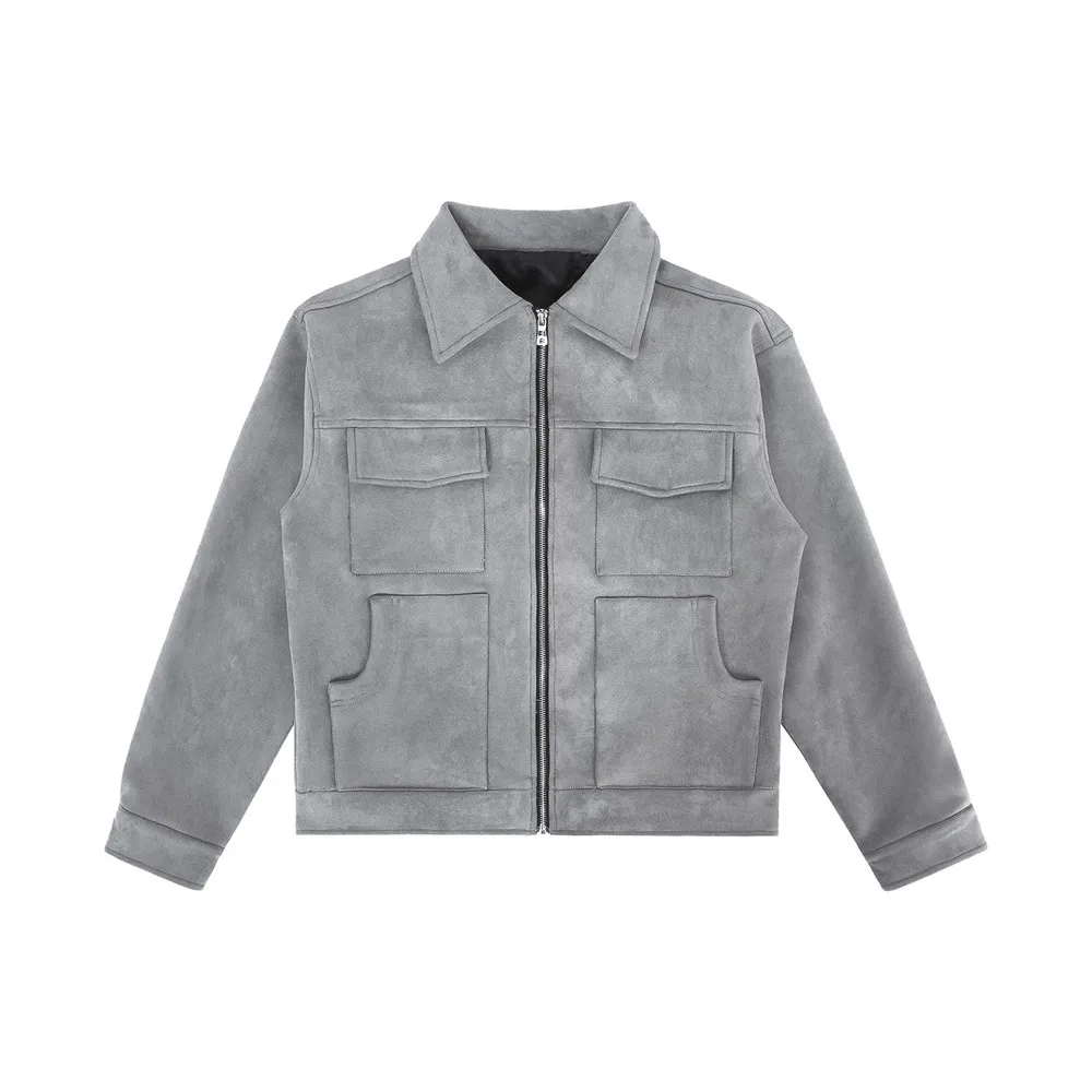

High Street Multi Pocket Workwear Jacket Trendy Brand Autumn Winter Loose China-Chic Zipper Casual Men's Solid Polo Coat M-XL