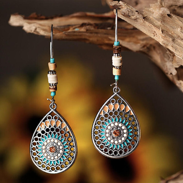 Tribal Spiral Dangle Earrings for Women Metal Geometry Twist Bronze Metal Painting Pattern Ethnic Earrings Gift