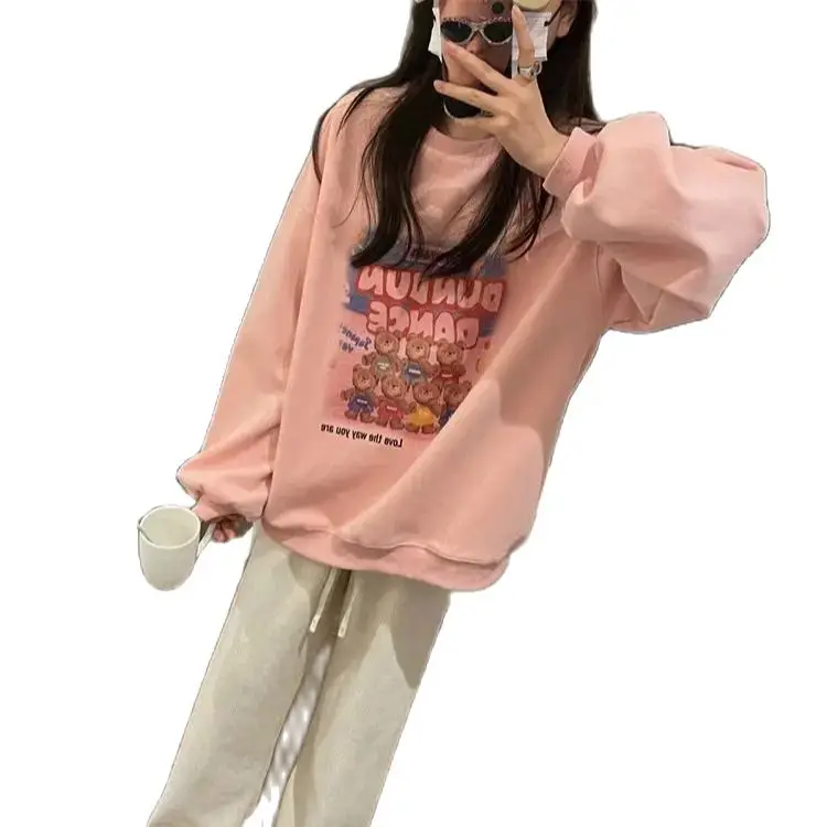 Winter Pink Sweater Women New Lazy Style Hoodie With Plush And Thickened Loose Sweet And Cool Salt Style High Street