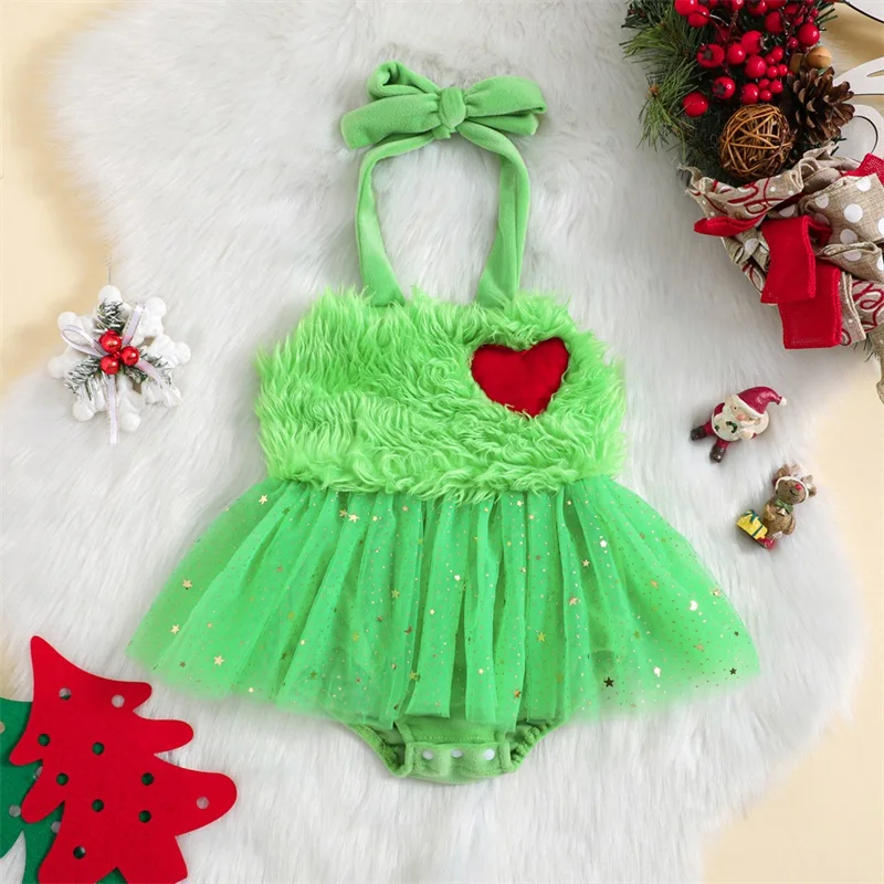 

2023-10-10 Lioraitiin Christmas Baby Girls Green Rompers Dress Clothes Sleeveless Heart Sequins Stars Layered Tulle Jumpsuit