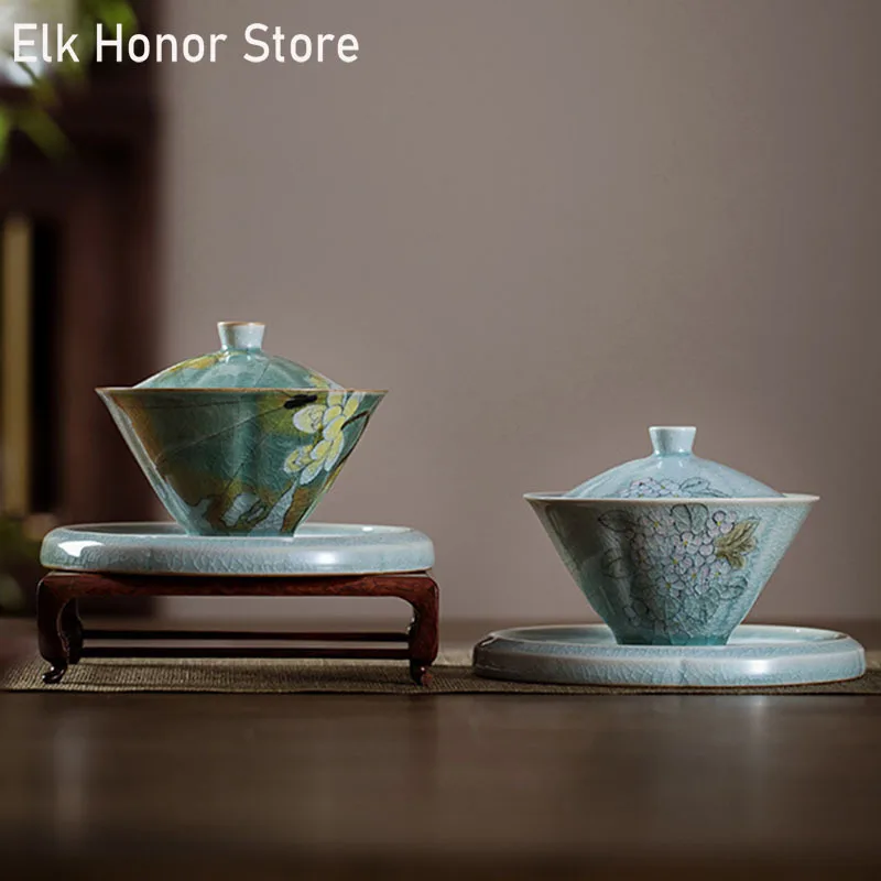 110ml Borneol Glaze Sancai Covered Bowl Hand-painted Lotus Art Ceramic Tea Tureen Tea Maker Gaiwan With Cover Kung Fu Set
