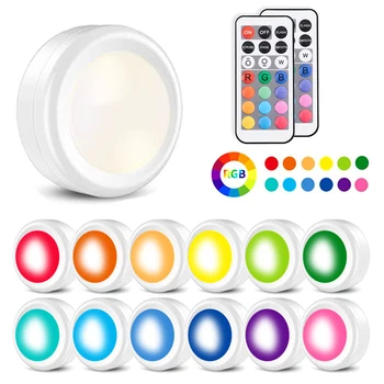 캐비닛 조명 Led 배터리 RGB 램프 원격 제어 밝기 조절 LED 퍽 조명 주방 가구 옷장 복도 조명, 주방 서랍장 복도 조명