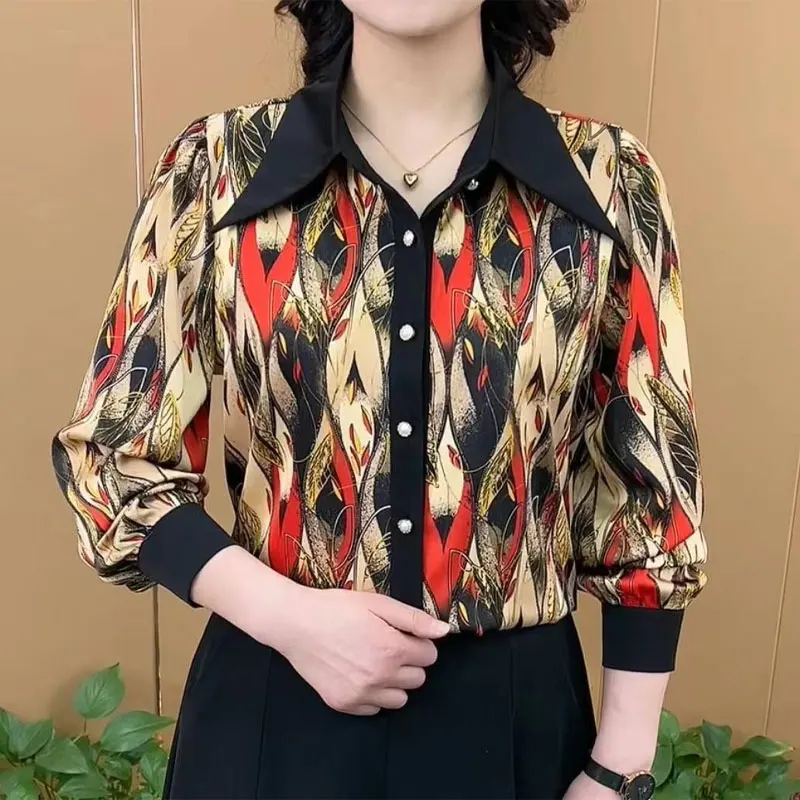 Female Clothing Vintage Printed Blouse Spring Autumn All-match Turn-down Collar Casual Straight Chic Pearl Single-breasted Shirt