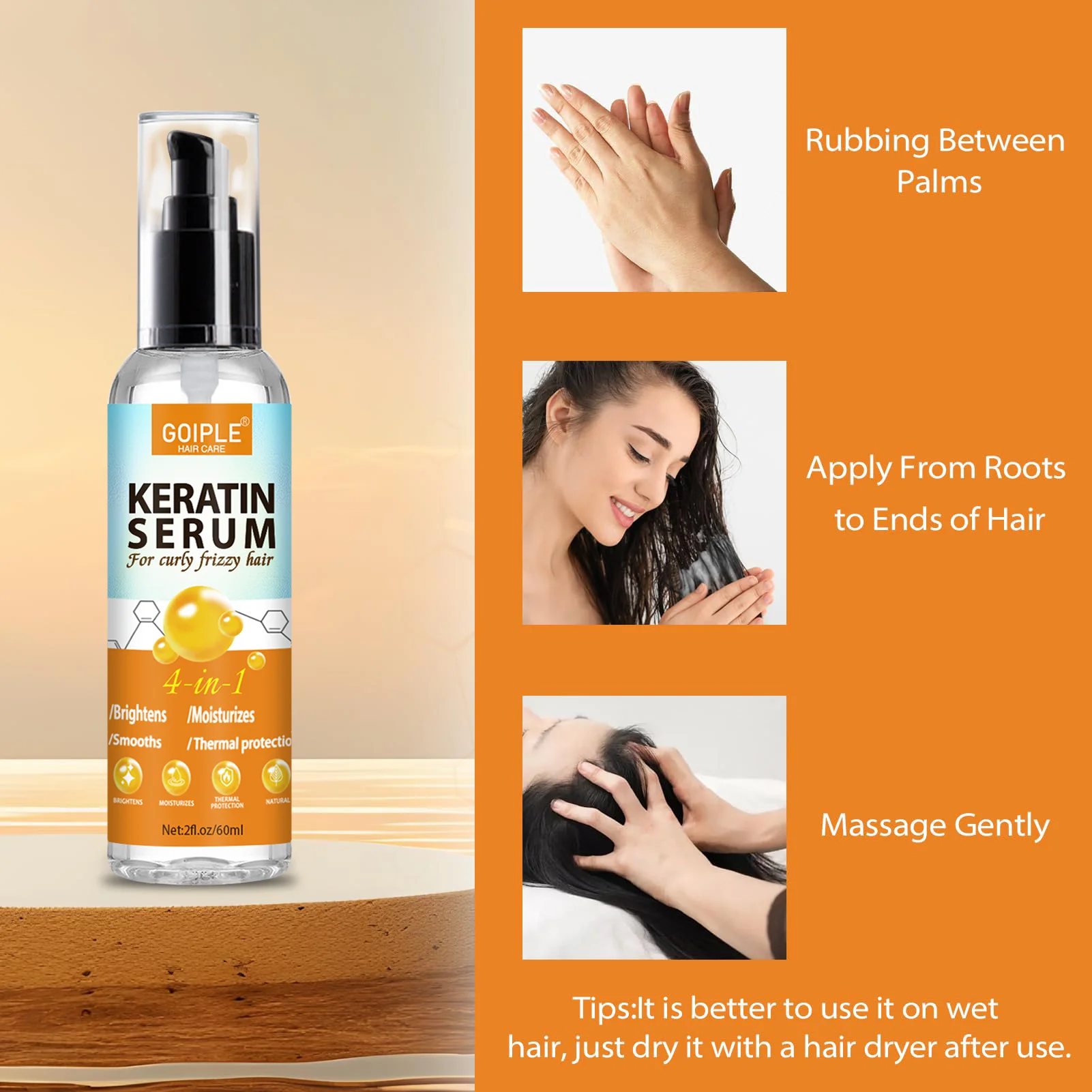 Hair essence oil GOIPLE 4 in 1 water-based keratin serum moisturizer repair dry damaged hair smooth control frizz for curly frizzy