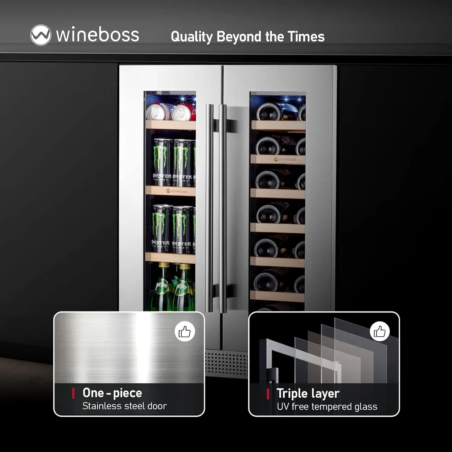 24inch Wine and Beverage Refrigerator, 20 Bottle& 88 Cans Dual Zone Fridge Built-in Under Counter Cooler Freestanding