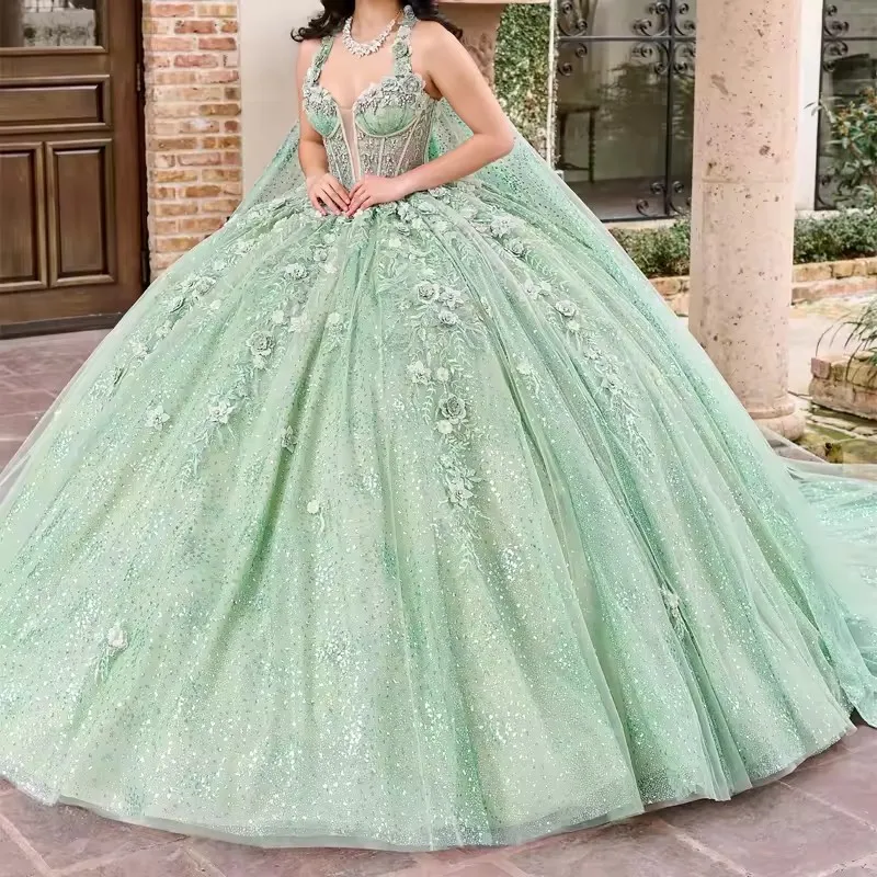 ANGELSBRIDEP Glittering Sage Green Quinceanera Dresses Detachable Cape Flower Lace Vestidos De 15 A&ntilde;os Birthday Party Prom