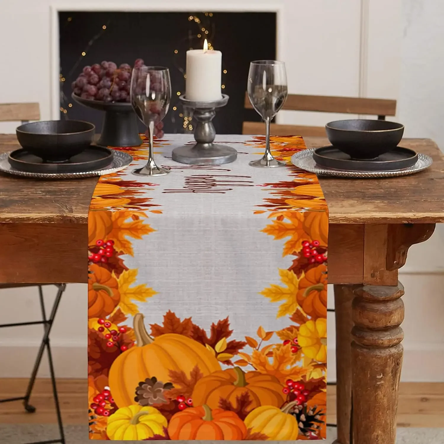 Description Picture 3 of itemAutumn Pumpkin Maple Leaf Linen Table Runner Washable Fall Thanksgiving Table Runners Holiday Kitchen Party Dining Table Decor
