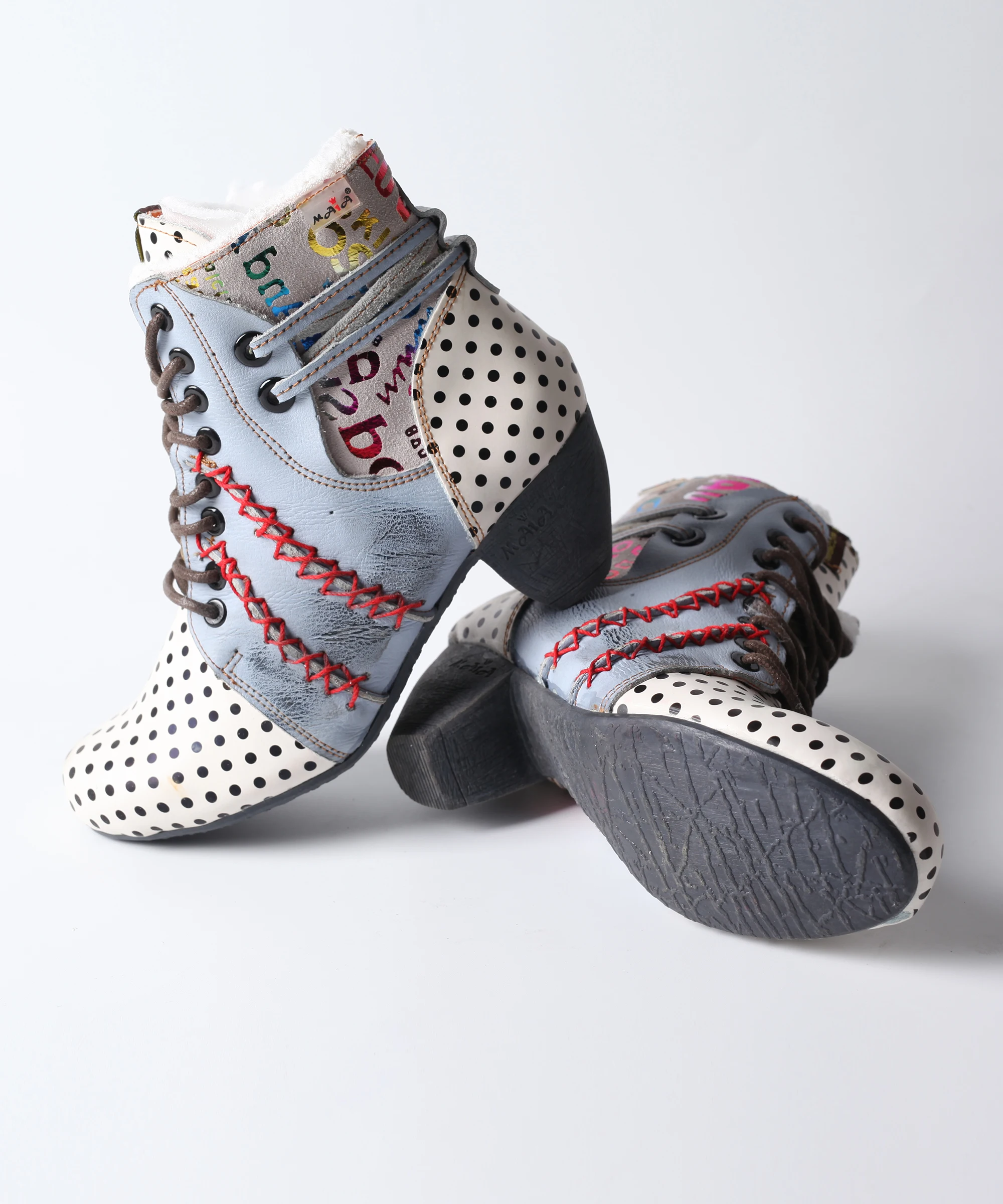 TMA AUGEN Winter Polka Dot Leder Frauen Stiefel mit Warme Faux Pelz futter und Mokassin Hand Nähte Fleece Version – Detail 5