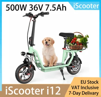 Monopattino Elettrico Pieghevole iScooter i12 12" - 500W 36V 7.5AH, 25km/h, Sedile con Cestino, Doppie Sospensioni, Freno a Disco, Pneumatici ad Aria, Verde