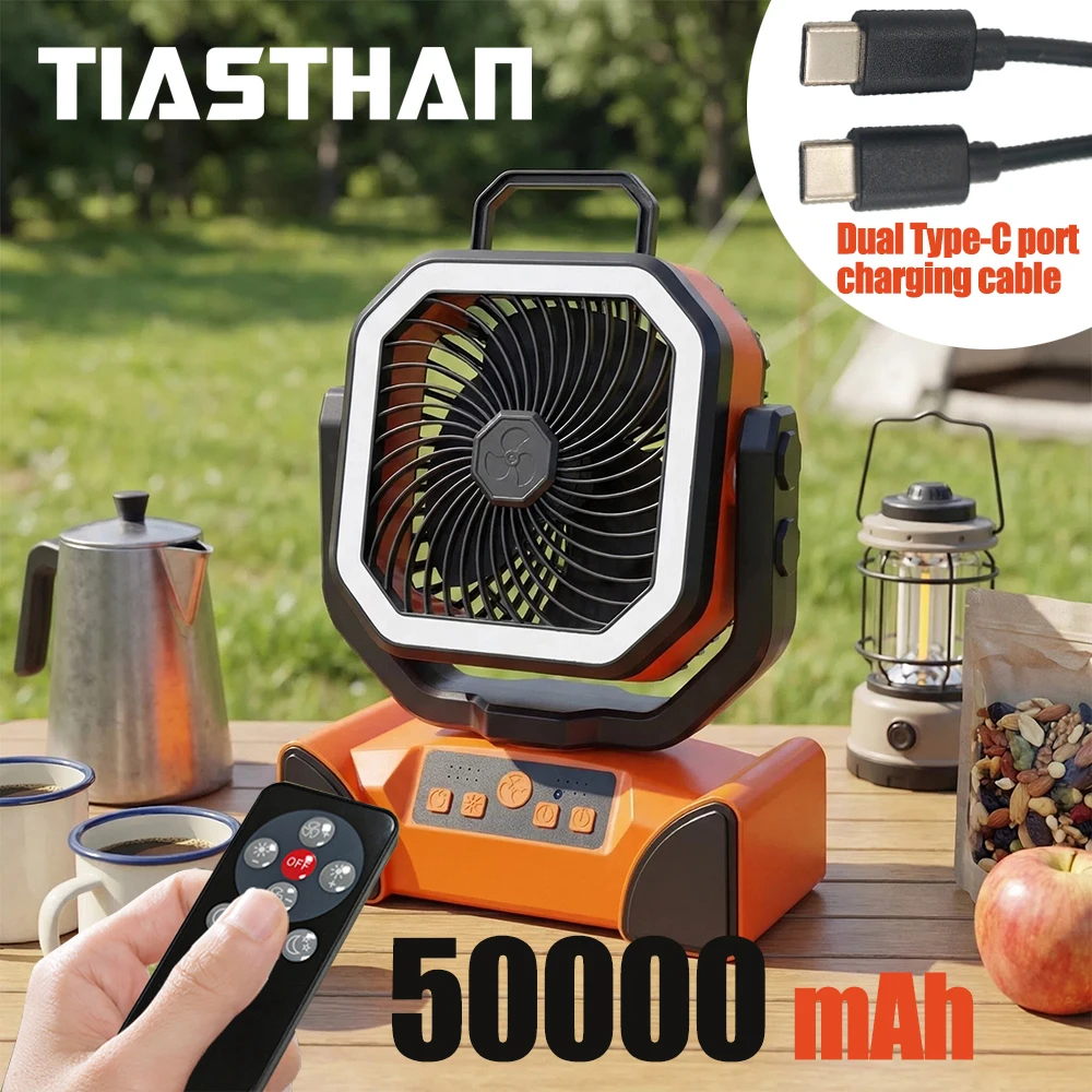 Ventilateur de camping rechargeable 50000 mAh avec lumière LED et télécommande, ventilateur suspendu extérieur pour tente, pêche, uragans - Autonomie de 100 heures 1