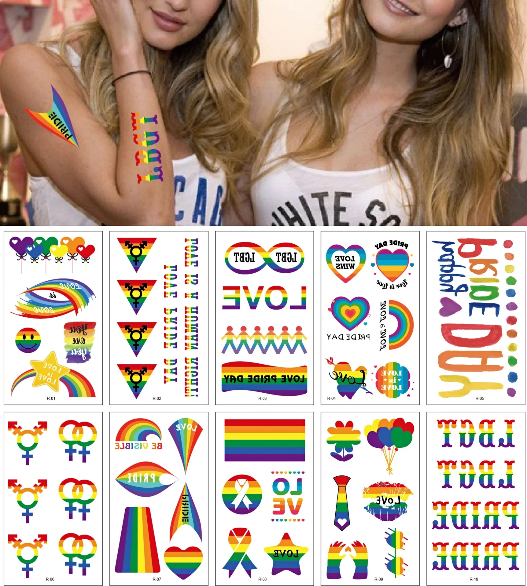 

500Pcs/Lot 6.9x12cm PrideDay Rainbow LOVE Tattoos Stickers Gradient Dazzle Colour Water-Proof Temporary Body Art HA1771