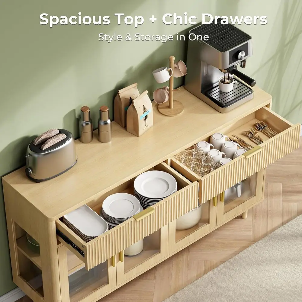 Sideboard et Cabinet with Drawers, Modern Kitchen Storage Cabinet with Adjustable Shelves and Tempered Glass Doors, Wood Cof