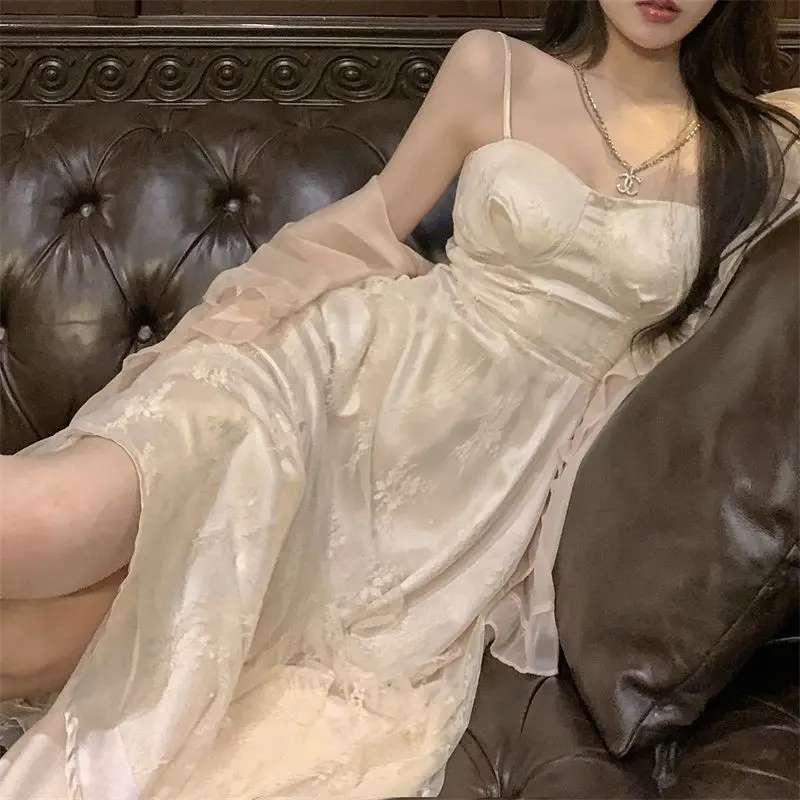 Summer Vintage Strap Dress Women Backless Designer Sexy Midi Elegant Dress High Waist  Lace Print Casual Fairy Dress 2022 New
