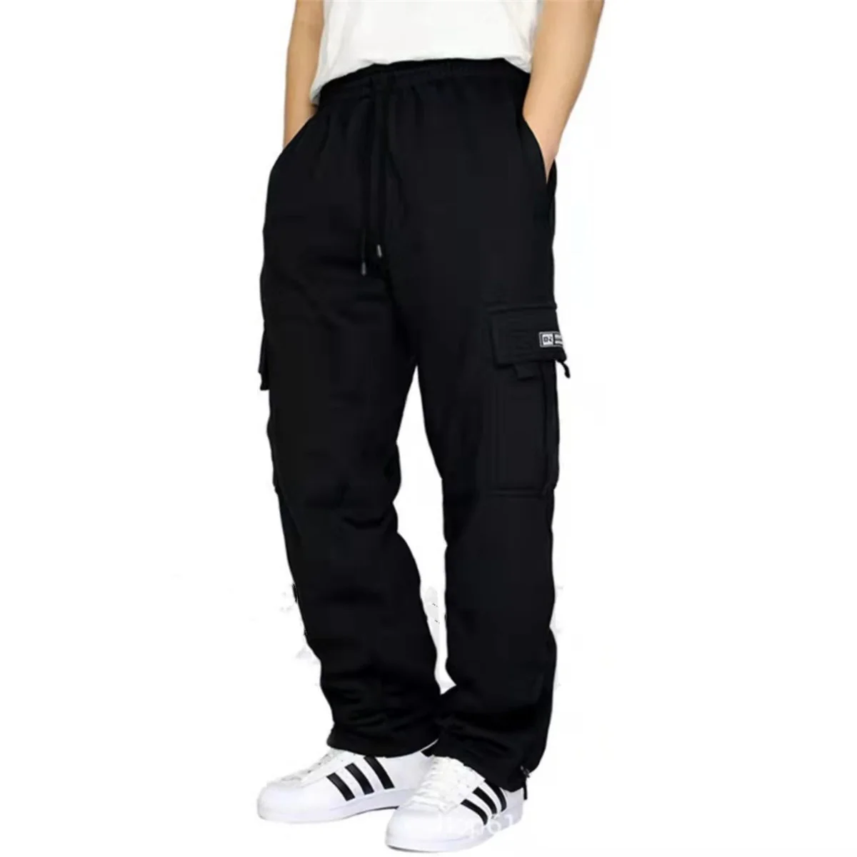 Autumn And Winter New Men Plus Thin Fleece Bunched Feet Tooling Casual Side Pocket Sports Fashion Straight Plus Size Pants 3