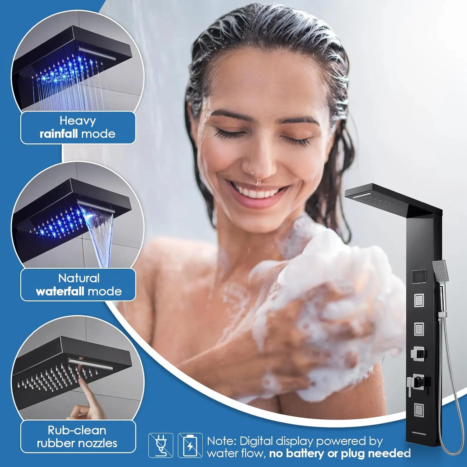Shower Panel Tower System with LED Lights - No Battery Needed Shower Column with Rainfall Waterfall Shower Body Jets Handheld 3
