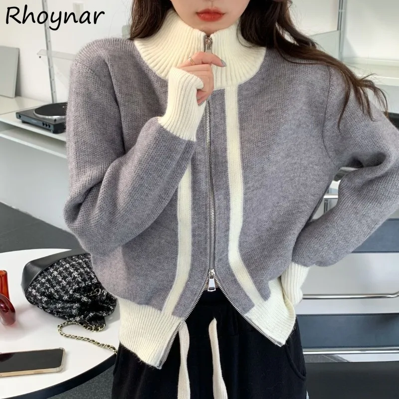 

Turn-down Collar Striped Panelled Simple Office Ladies Autumn Warm Long-sleeves All-match Zip Knitting Korean-style Leisure Soft