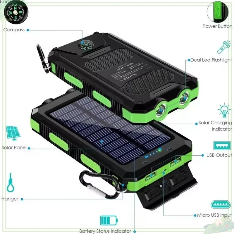 New Solar Bank 20000mah portable power bank camping external battery with charger bright light LDE light for all smartphones 5
