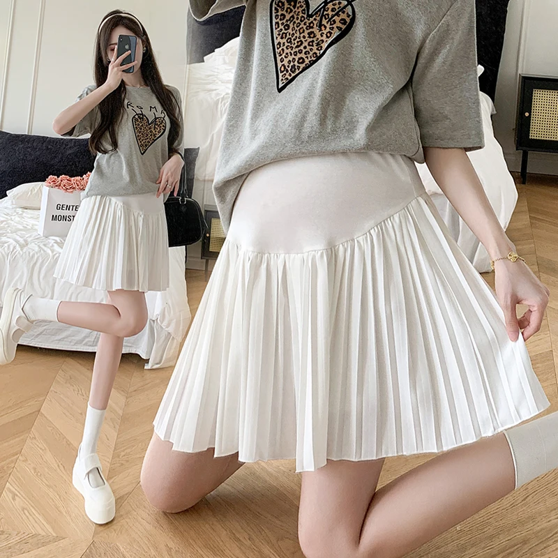 Korean Style Summer Maternity Pleated Skirts High Waist Adjustable Belly Skirt for Pregnant Woman with Shorts Lining Black White